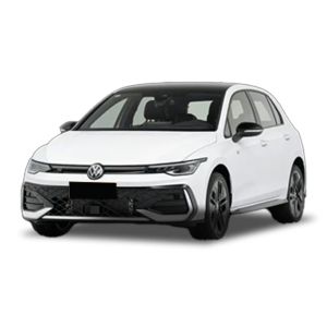 A white Volkswagen hatchback with a sleek design.