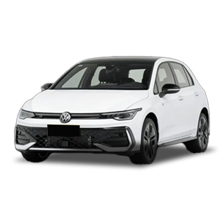 A white Volkswagen hatchback with a sleek design.