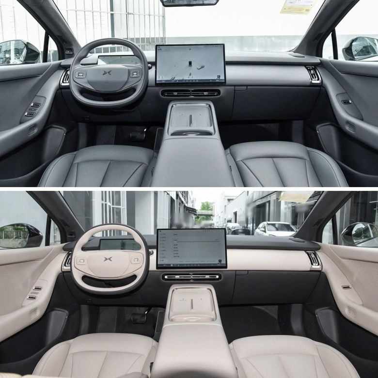 A comparison of two car interiors, one in dark gray and the other in light beige, highlighting differences in color and design.