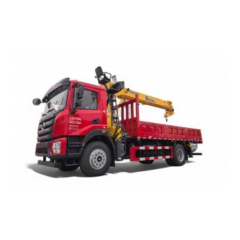 A red truck with a yellow crane mounted on its flatbed.