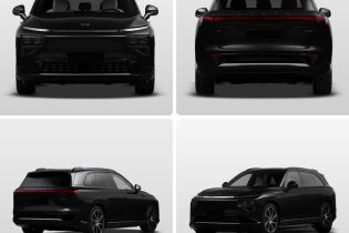 Four views (front, rear, side - rear, side - front) of a black Xpeng electric SUV.