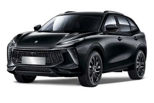 A black SUV with a bold grille and sleek LED headlights, presented against a plain white background to highlight its modern and dynamic design.