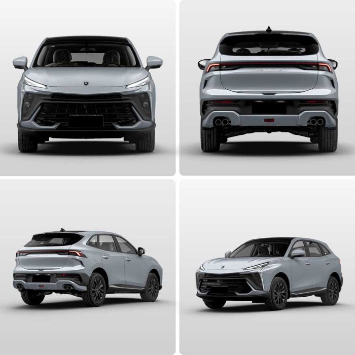 A collage of a light gray SUV, showcasing multiple angles (front, rear, side) against a plain background, highlighting its modern, sleek design and dynamic aesthetics.