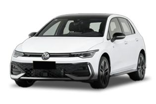 A white Volkswagen hatchback with a sleek design.