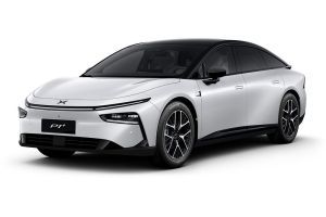 A white Xpeng P7+ electric car.