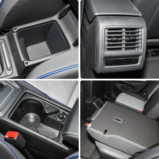 Collage of four car interior details: storage space, air vent, cup holder area, and a folded seat part.