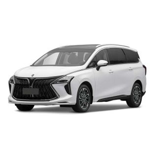 A white MPV with a sleek design, featuring a bold front grille and panoramic sunroof, is showcased against a plain background, highlighting its modern and spacious appearance.