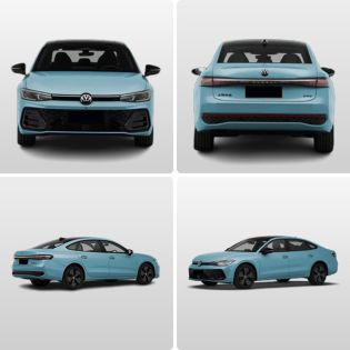 Four views (front, rear, side - rear, side - front) of a light blue Volkswagen sedan.