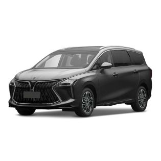 A dark gray MPV with a bold front grille and panoramic sunroof is showcased against a plain background, highlighting its modern and spacious design.