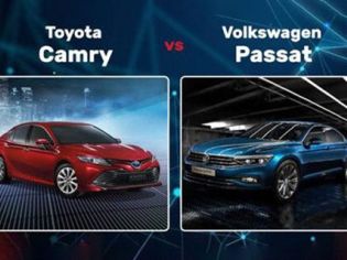 "Head-to-head: Red Toyota Camry (left, city backdrop) vs. blue Volkswagen Passat (right, indoor setting). 'Toyota Camry vs Volkswagen Passat' text tops this midsize sedan comparison graphic."
