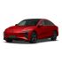 A red electric sedan with a sleek, modern design, featuring a black roof, distinctive headlights, and black alloy wheels, presented against a plain white background.