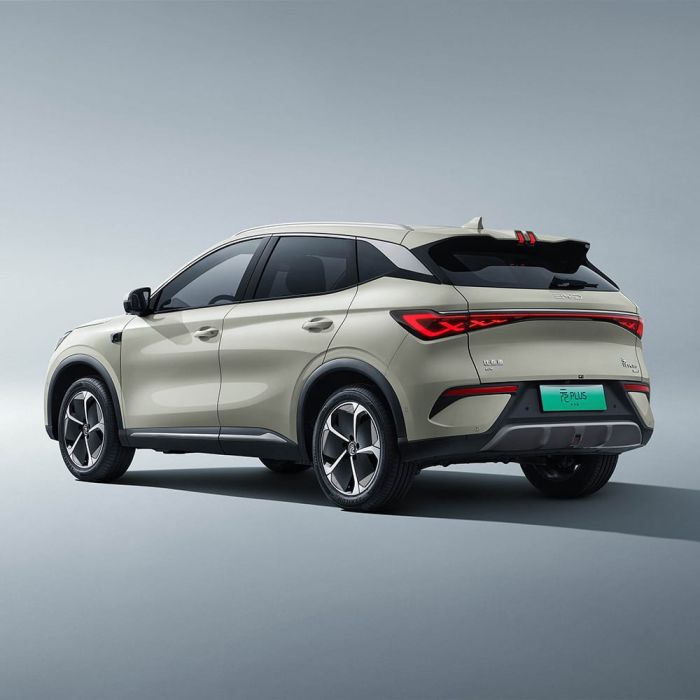 Side and rear view of a light-colored BYD Yuan Plus electric SUV.