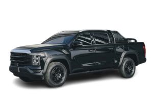Side view of a black pickup truck with off - road tires, isolated on a white background.