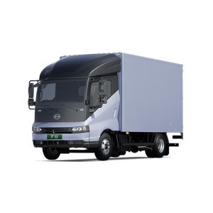 Side view of a light blue BYD T5 box truck with a black cab, isolated on a white background.