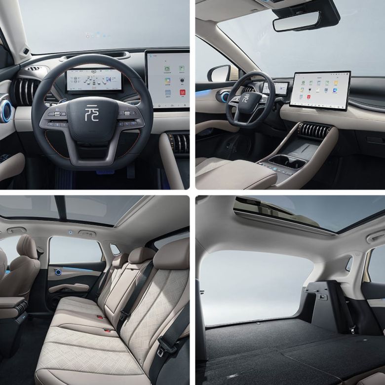 Four images showing the interior of a BYD Yuan Plus electric SUV, including the dashboard, seats, and trunk space.