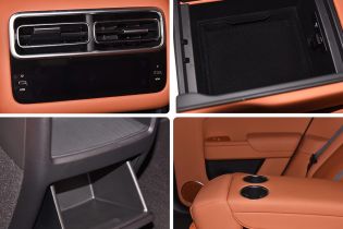 Collage of four car interior details: air vents with control panel, an open storage compartment, a small storage shelf, and a seat with cup holders.