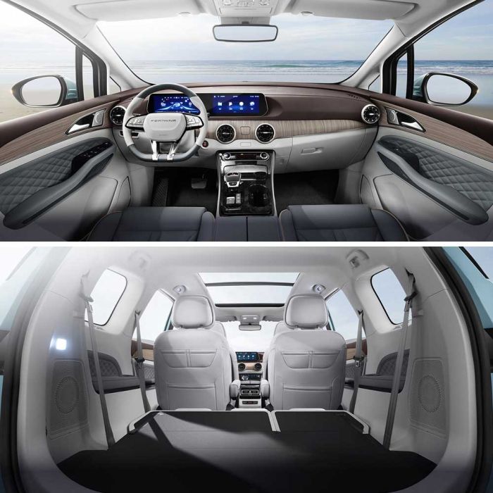 A car’s interior display features a luxurious dashboard with dual screens and quilted leather, plus a spacious rear area with a panoramic sunroof, emphasizing comfort and modern design.