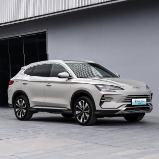 Light silver SUV (side-front view): Modern design with sharp headlights and alloy wheels. Parked outdoors near a gray building (image slightly blurred), showcasing its sleek exterior.