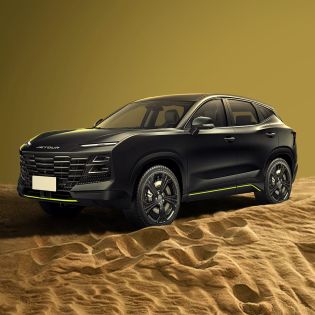 Black Jetour SUV in a desert landscape.