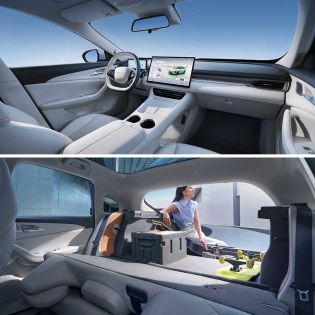A collage showcasing a car's interior: a modern driver's area with a digital display and a spacious rear with storage, highlighting comfort and versatility.
