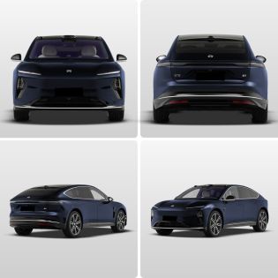 Four views (front, rear, side - rear, side - front) of a dark blue NIO ET9 electric car.