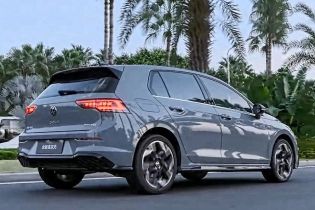Rear side view of a gray Volkswagen Golf driving on a road, with palm trees and greenery in the background.