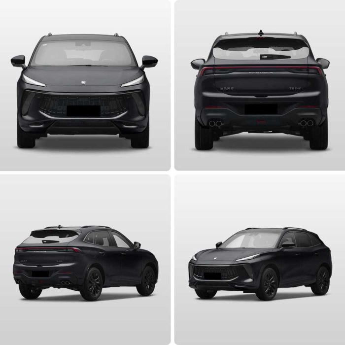 A collage of a black SUV's multiple angles—front, rear, and two side views—showcasing its sleek design, bold grille, and dynamic silhouette against a plain gray background.
