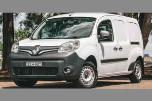 White Renault small van (license: EIH-92T) parked outdoors. Features Renault logo, black front bumper/trim, steel wheels. Background: trees, sunny paved area. Compact commercial vehicle design.