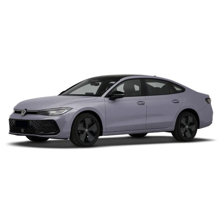 A light purple Volkswagen sedan with black wheels, featuring a modern and sleek design.