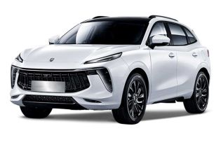 A white Fengon SUV with a black roof and sleek design, shown from a dynamic angle against a plain background, highlighting its modern aesthetics and stylish details.