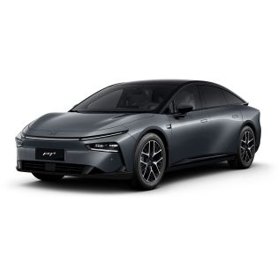 A dark gray Xpeng P7+ electric car.
