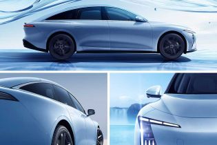 A collage showcasing a light blue electric sedan from multiple angles, highlighting its sleek design, distinctive headlights, and black wheels, with a water-inspired aesthetic background emphasizing fluidity and modernity.