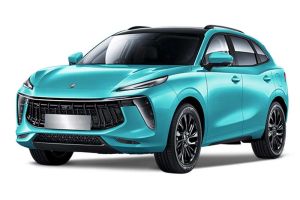 A turquoise Fengon SUV with a black roof, captured at a dynamic angle against a plain white background, emphasizing its modern, sleek design and eye-catching color.
