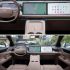 Two views of the interior of a Xpeng car, showcasing the dashboard with dual screens, steering wheel, and center console.