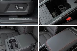 Close - up views of the interior details of a Jetour car, including seat adjustment buttons, a center console storage compartment, cup holders, and an armrest.