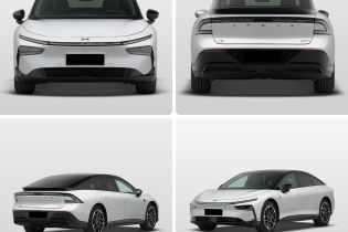 Four views (front, rear, side - rear, side - front) of a white Xpeng P7 electric car.
