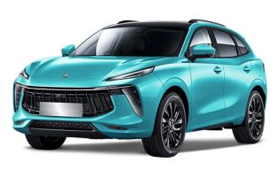 A turquoise SUV with a black roof, featuring a bold grille and sleek LED headlights, presented against a plain white background to highlight its modern and dynamic design.