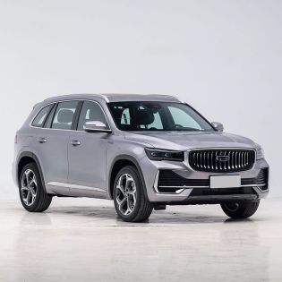 Front side view of a silver Geely SUV.