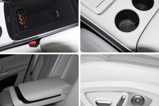 Collage of four images showcasing the interior details of a car, including the center console storage, cup holders, armrest, and seat adjustment controls.