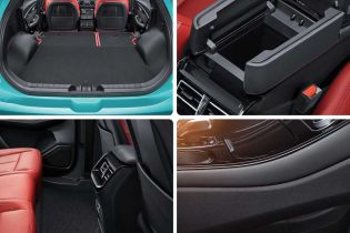 A collage showcasing a car's interior details: spacious trunk, clever center console storage, rear seat area, and a wireless charging pad, highlighting practicality and thoughtful design.