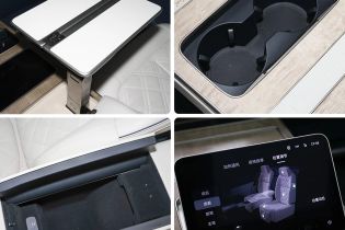 A collage showcasing details of a car's interior, including a foldable table, cup holders, a storage compartment, and a control screen for seat functions.