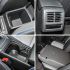 Collage of four car interior details: storage space, air vent, cup holder area, and a folded seat part.