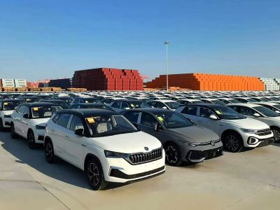 Numerous cars parked in an orderly manner at a port, with stacks of colorful containers in the background under a clear blue sky.
