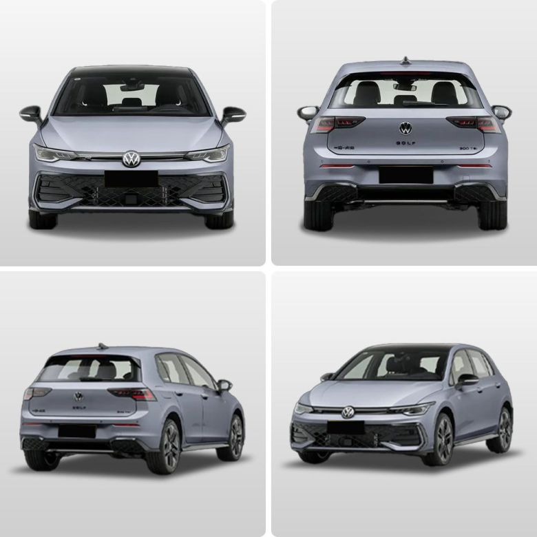 Four views (front, rear, side - rear, side - front) of a light gray Volkswagen Golf hatchback.