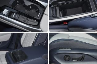 Collage of four car interior details: cup holders, storage, armrest, and seat controls.