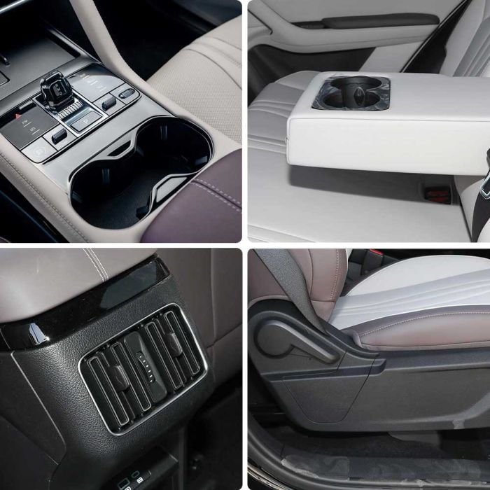 A collage showcasing a car's interior details: center console with cup holders, rear armrest with cup holders, air vent, and seat adjustment area, highlighting comfort and functionality.