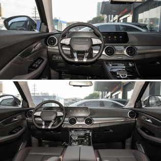 A collage of a Forthing car's interior, showcasing the driver's area with a leather steering wheel, digital display, and sleek dashboard from two angles, highlighting its modern and refined design.