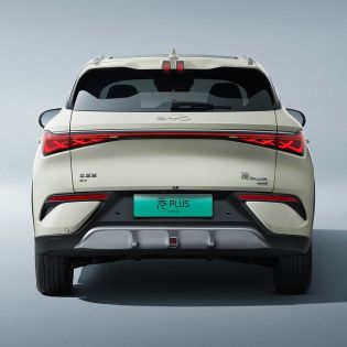 Rear view of a white BYD Yuan Plus electric SUV.
