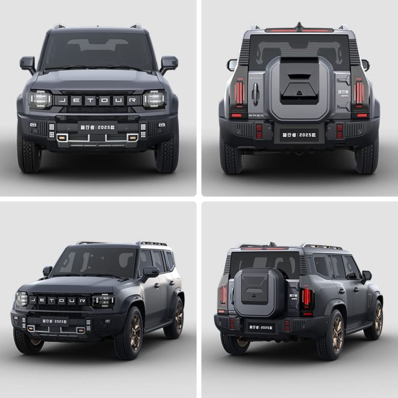 Multiple views of a gray Jetour off - road vehicle.