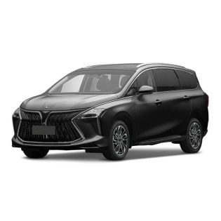 A black MPV with a bold front grille and panoramic sunroof is showcased against a plain background, highlighting its modern and spacious design.